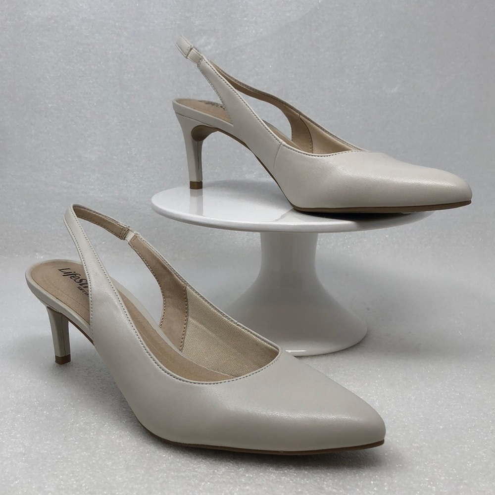 LifeStride Heels Annalise Bone Smooth Vegan Leather Slingback Size 9.5M With Box